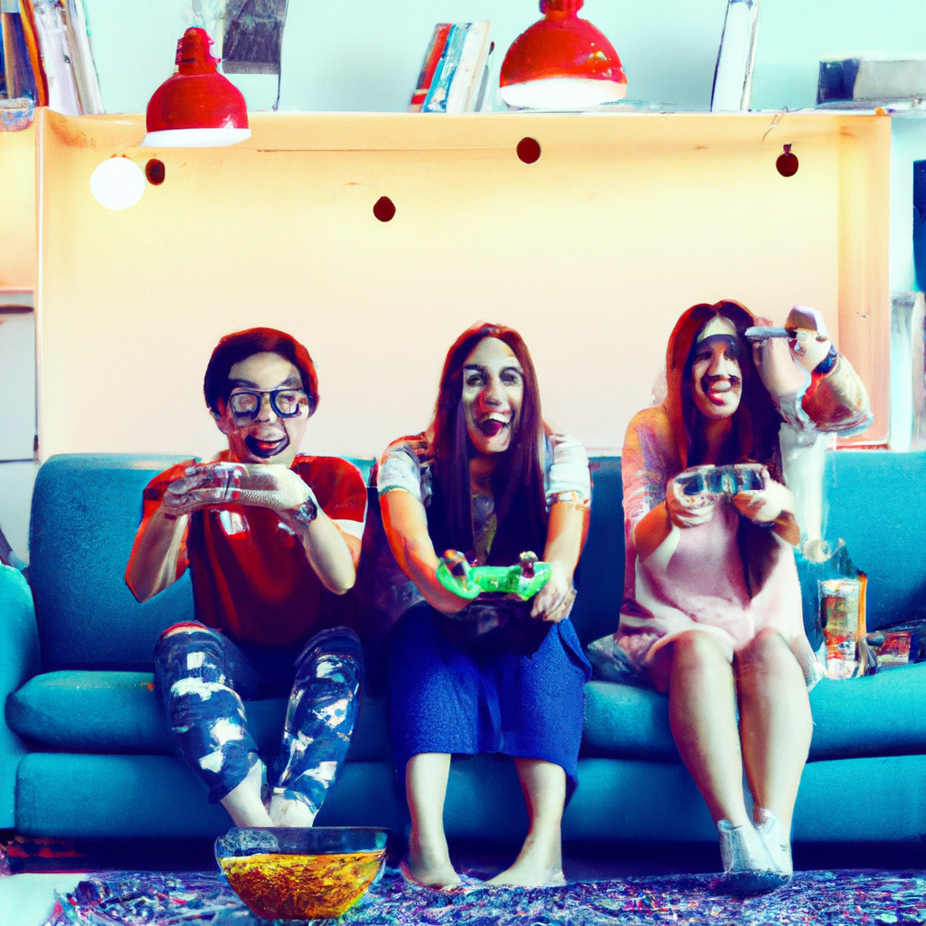 Players on couch celebrating victory with controllers and snacks